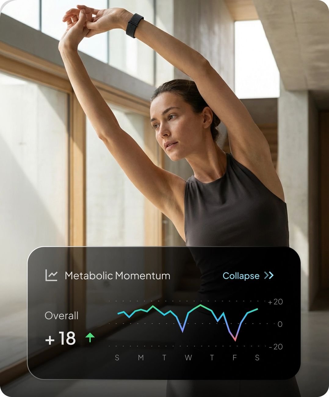 Woman stretching while wearing the Hume Band — Metabolic Momentum graph on screen