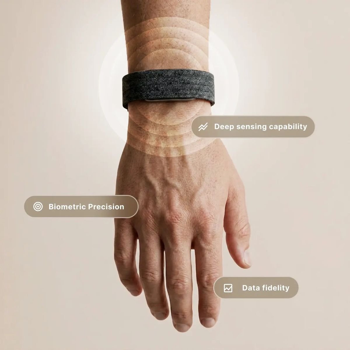 Close-up of the Hume Band on the wrist highlighting biometric precision and sensing accuracy