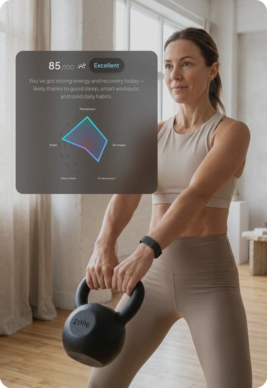 Woman exercising with a kettlebell while wearing the Hume Band — Metabolic Capacity reading in app
